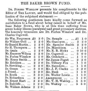 Extract from “The Baker Brown Fund.”The Lancet, Volume 99, Issue 2535, 30 March 1872, Page 453.
